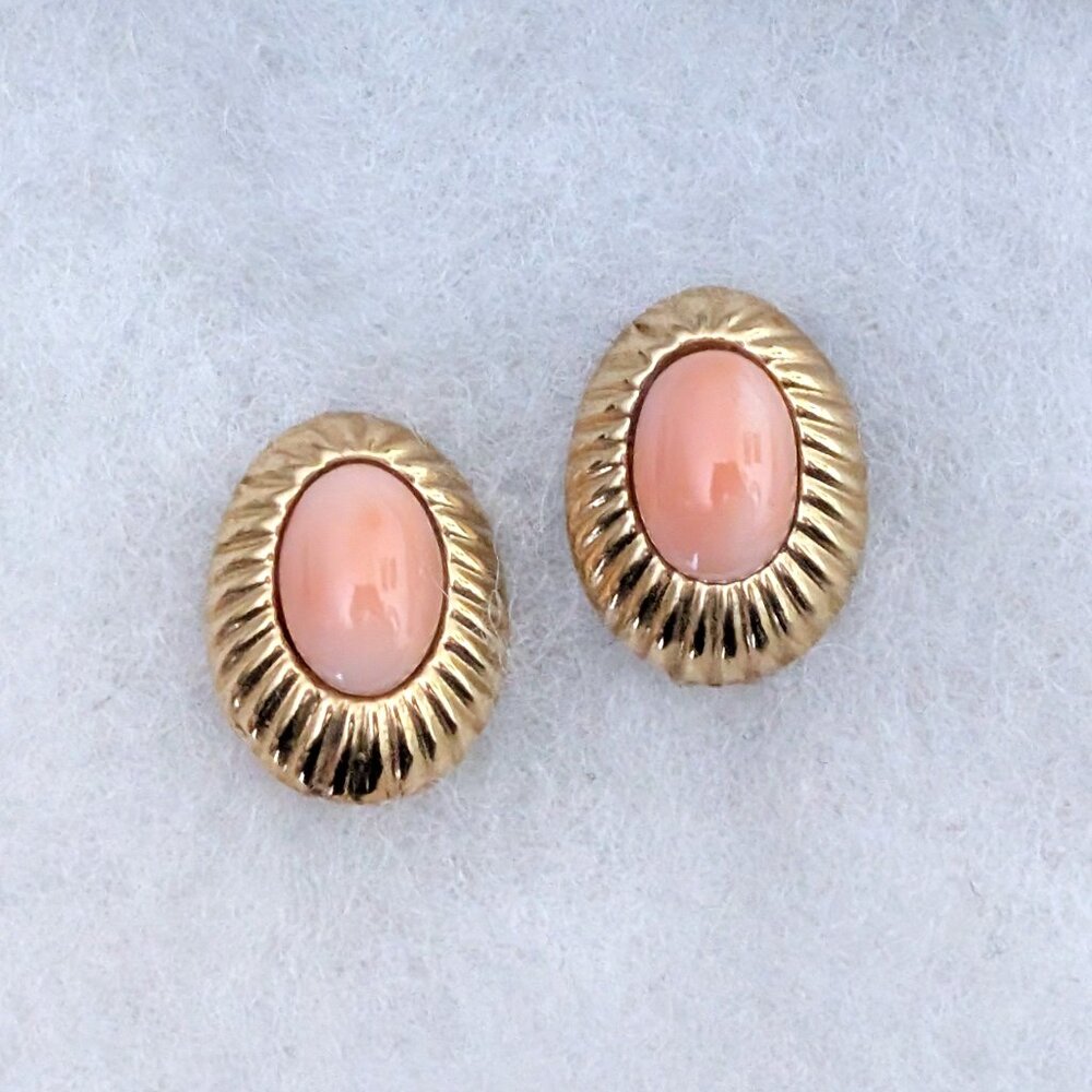Vintage Solid 14K Yellow Gold Angel Skin Pink Peach Coral Clip On EARRINGS